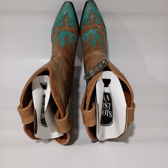 Never Worn NEW DAN POST Women's Turquoise/Tan Snip Toe Cowgirl Boots STYLE 3276 - Picture 6 of 6